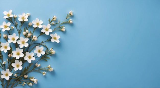 Foto vista superiore fiori bianchi su sfondo blu con spazio di copia per il testo tema banner di decorazione floreale