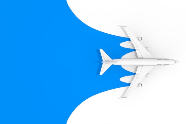 青い空の背景にあなたのデザインのモックアップのための空白のある白いジェット旅客機の平面図。 3Dレンダリング