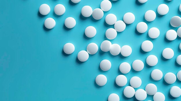 Top view white medicine tablets antibiotic pills on a soft blue background copy space Pharmacy theme