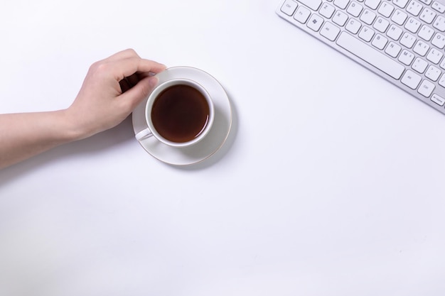 Top view of white office desk table with copy space