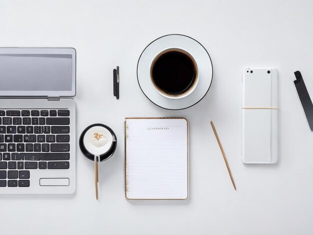 Top view above of White office desk table with keyboard computer notebook and coffee cup with equip