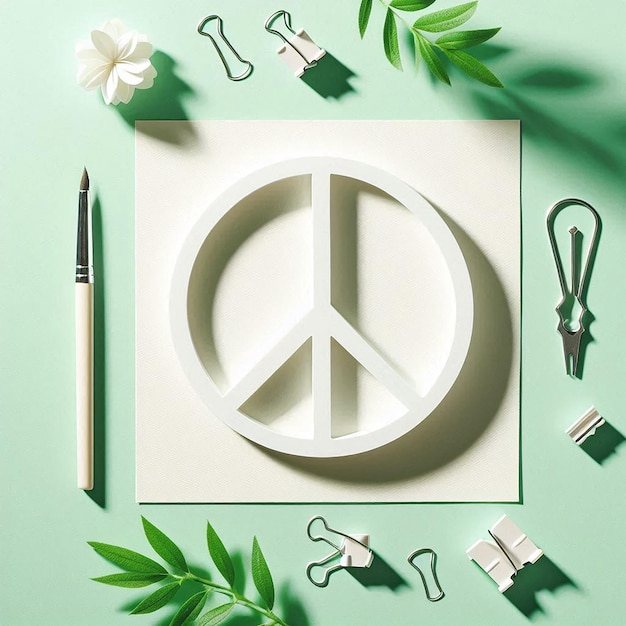 Photo top view of white paper peace sign on a light green background