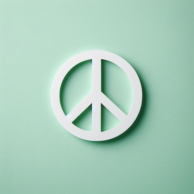 Photo top view of white paper peace sign on a light green background