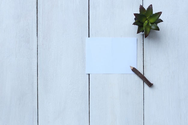 Foto la carta bianca, la matita ed il vaso di fiore di vista superiore sul pavimento di legno bianco e hanno lo spazio della copia.