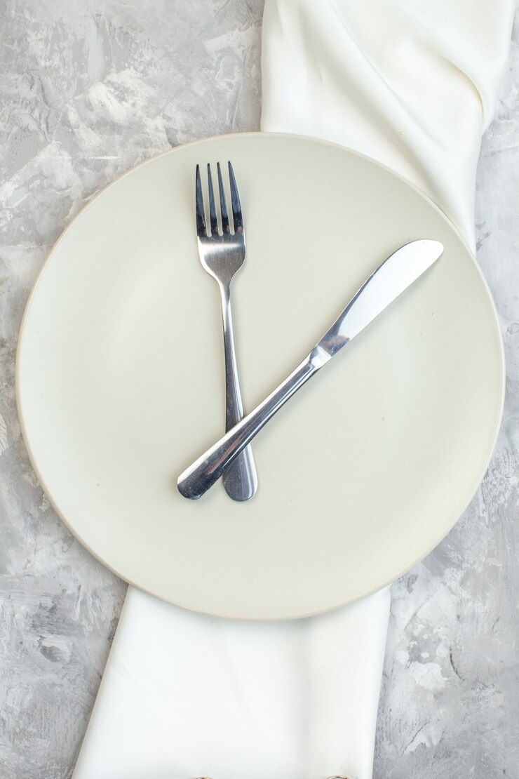 top view white plate with fork and knife on light background kitchen food glass colour meal horizontal ladies