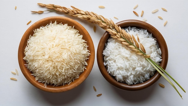 Top view of white rice and paddy rice in wooden bowl with rice ear isolated on white background