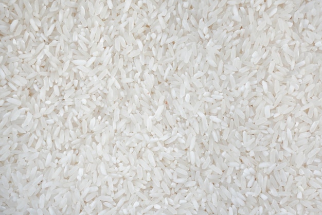 Top view of white rice seed texture background Organic natural long rice grain food for healthy