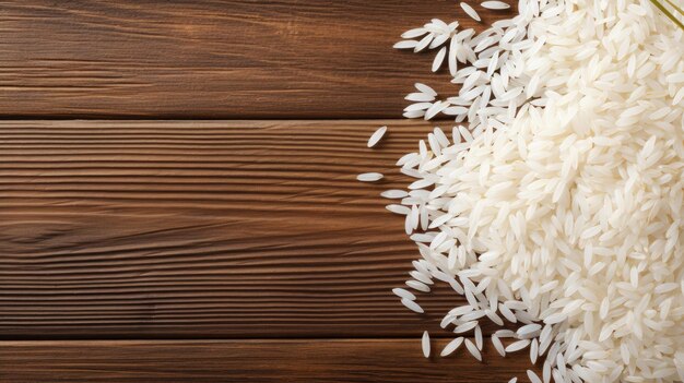 top view of White rice with paddy rice ears on a wood background