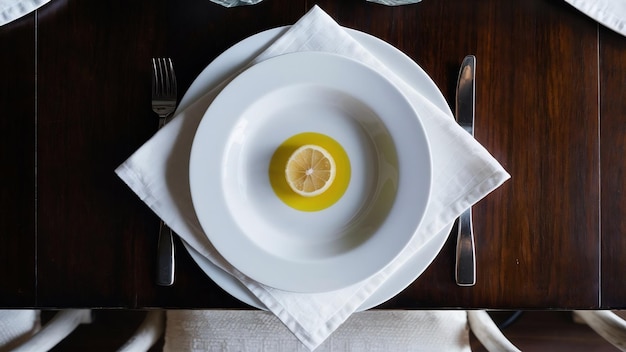 トップビュー 暗いテーブル上のナプキンに白い丸い皿