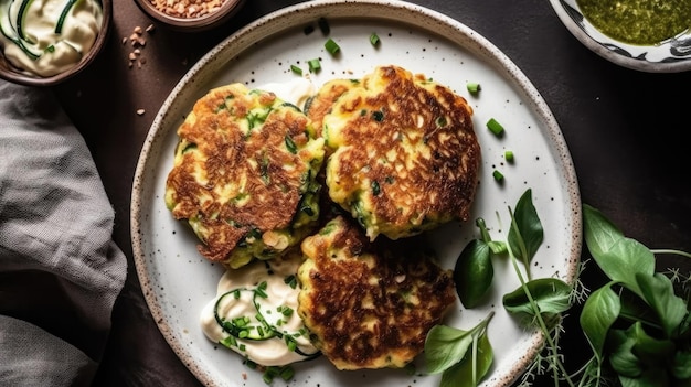 Top view white round plate with keto zucchini fritters generative ai