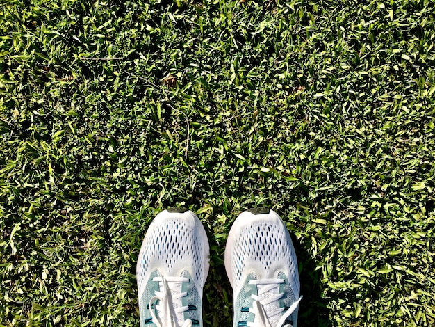 Top view of white shoes used for men's running on the green grass