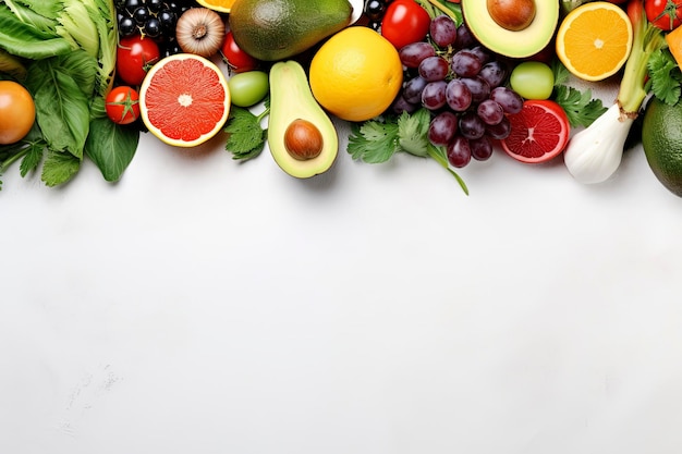 top view white table full of fruit and vegetables composition background and copy space
