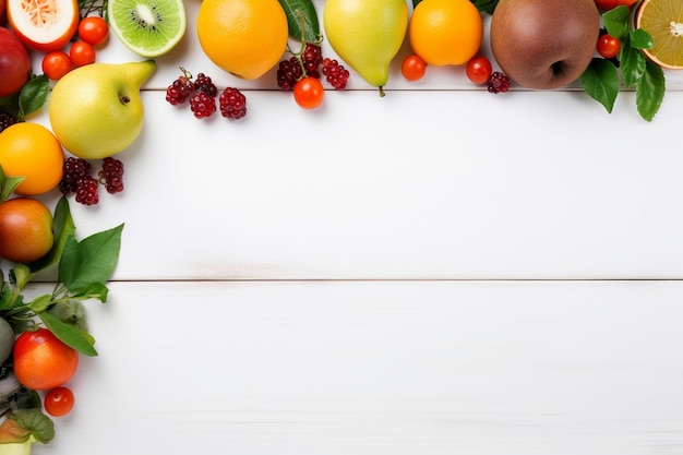 Photo top view white table full of fruit and vegetables composition background and copy space