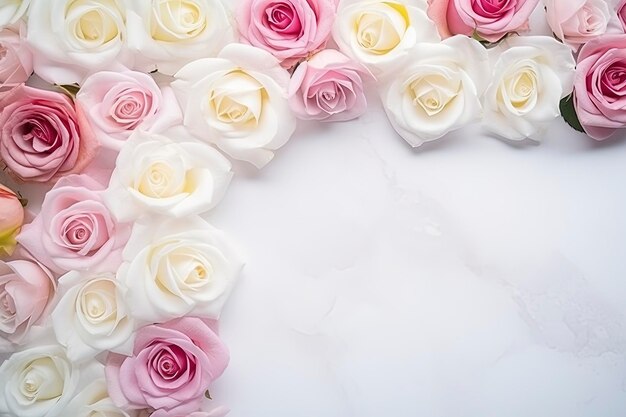Foto vista dall'alto tavolo bianco pieno di rose composizione di fiori sfondo e spazio per la copia