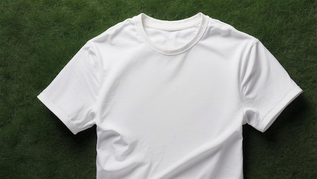 写真 トップビュー 白いtシャツのモックアップ 草の上 コピースペースの背景 コピー空間の背景