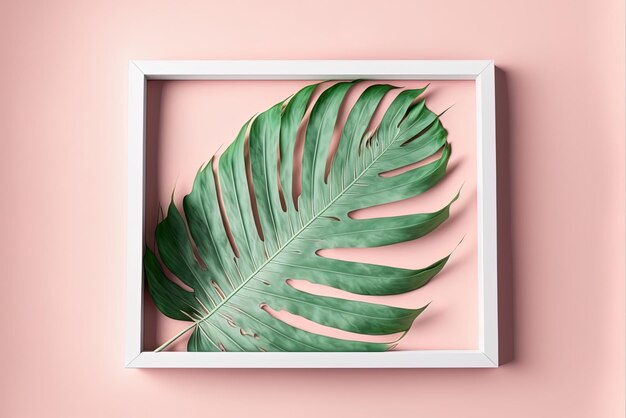 Photo top view of a whiteframed palm leaf on a soft pink backdrop