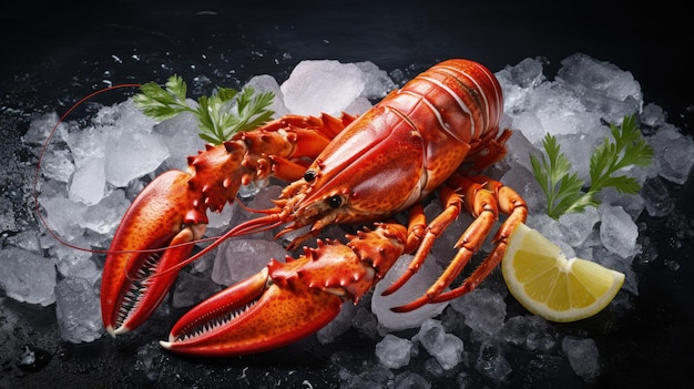 Top view of a whole red lobster with ice and lemon Generative AI