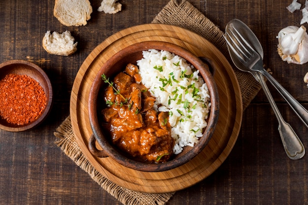 Top view winter food stew and rice