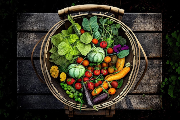 Top view of a wire bowl full of justharvested summer vegetables