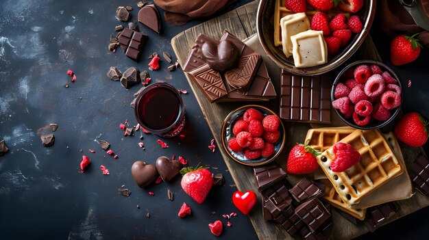 발렌타인 데이의 과자, 딸기, 초콜릿 및 쿠키를 특징으로 한 복사 공간을 가진 탑 뷰