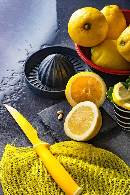 Top view with copy space for fresh and ripe lemons.Healthy food background.