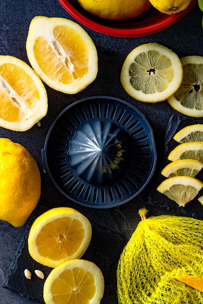 Top view with copy space for fresh and ripe lemons.Healthy food background.