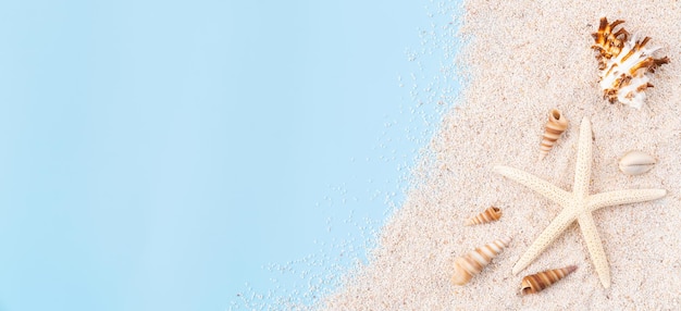 Photo top view with copy space of sand with starfish and shells on blue background