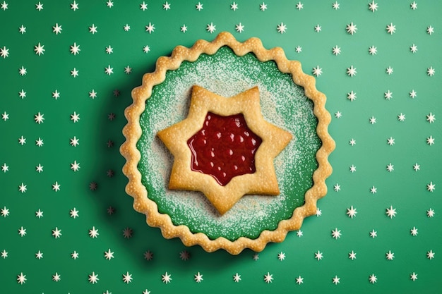 Top view with a star shaped linzer cookie minimalist on a green table Homemade christmas cookie