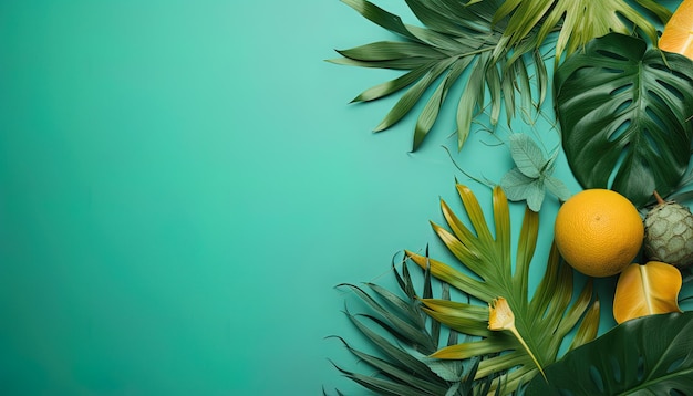 Top view with tropical leaves and empty space