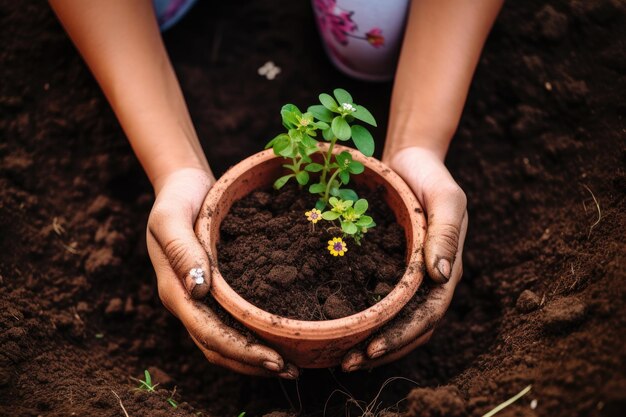 Photo top view of woman caring for seedlings with organic waste composted on soil serving as natural fertilizer