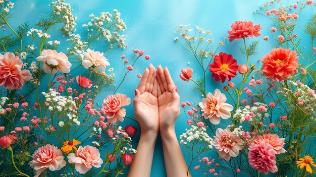 Top view of a woman hand holding spring flowers with other spring flowers surrounding it with a empty space against a clean backdrop Generative AI