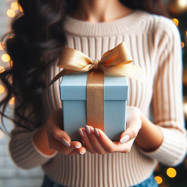 Top view Woman hands holding elegant present gift box with golden ribbon background Valentines Day