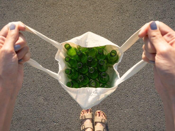 Top view of a woman holding a cloth bag with glass bottles, recycling concept, asphalt background, selective focus and copy space