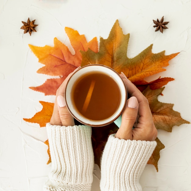 Photo top view woman holding a cup of tea close-up