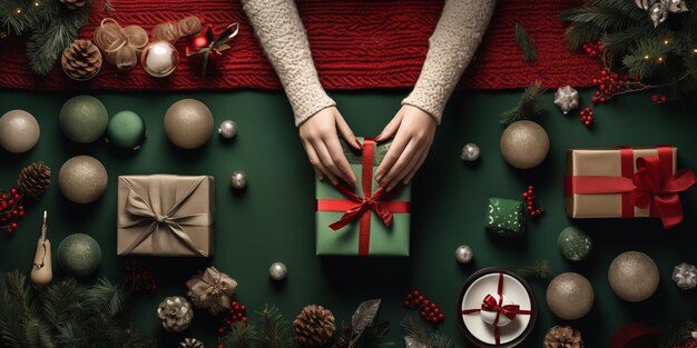 Foto vista superiore di una donna con un maglione rosso che tiene un regalo di natale decorazioni di natale sui lati