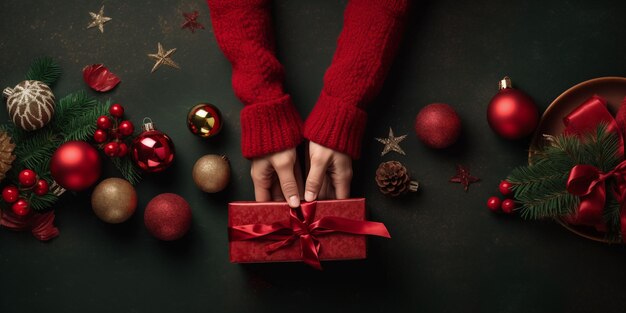 Top view of a woman in a red sweater holds out a red gift Christmas ornaments on the sides