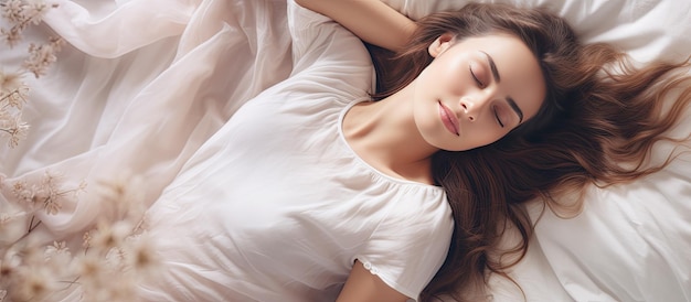Вид сверху на женщину, отдыхающую в постели со свежим постельным бельем и удобным матрасом