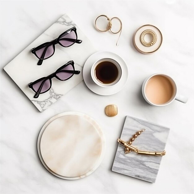 Photo top view of woman's accessories on white table generative ai