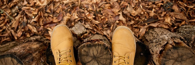 Top view woman standing with hiking mountain boots on autumn leaves and wood