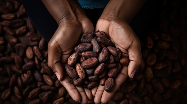 Фото Верхний вид женских рук, держащих коричневые какао-бобы, изолированные на темном фоне, созданное ии.