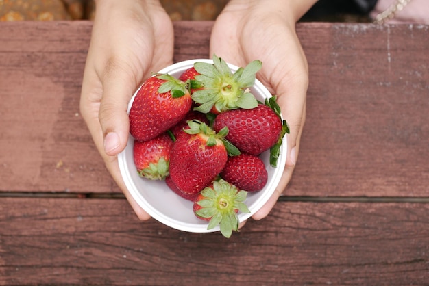 Top view of women holding a bowl of strawberry