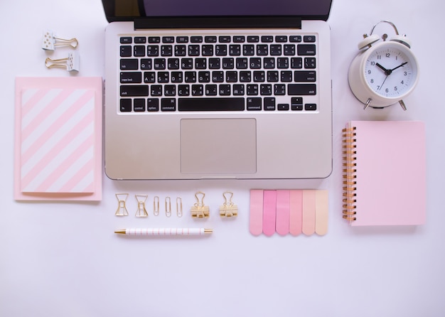 Top view of women's office desk with copy space.