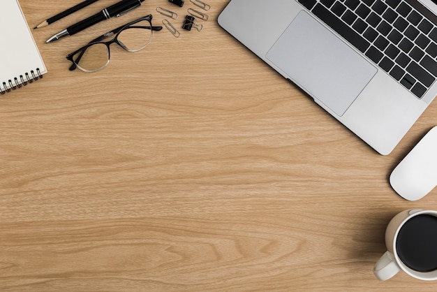 Top view Wood office desk table. Flat lay Workspace