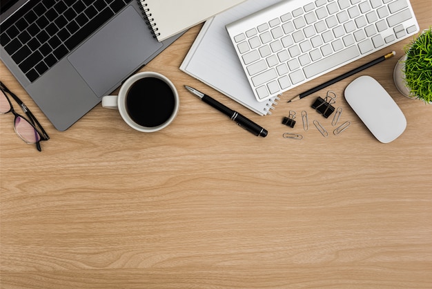 Photo top view wood office desk table.