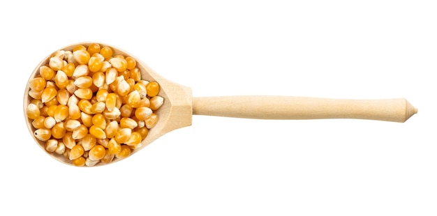 Top view of wood spoon with raw maize corns