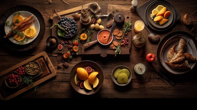 Top view on wood table full of food and ingredient