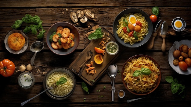 Top view on wood table full of food and ingredient