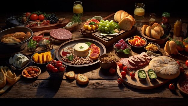 Top view on wood table full of food and ingredient