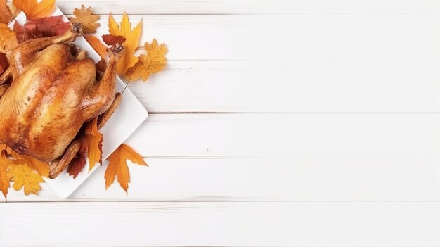 Foto vista superiore sullo sfondo di legno cena di ringraziamento con pollo alla griglia