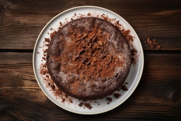 Top view of a wooden background with ganache topped chocolate brownie cake